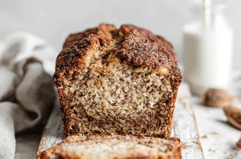 A freshly sliced loaf of moist snickerdoodle banana bread with a caramelized cinnamon-sugar crust displayed on a rustic wooden board.