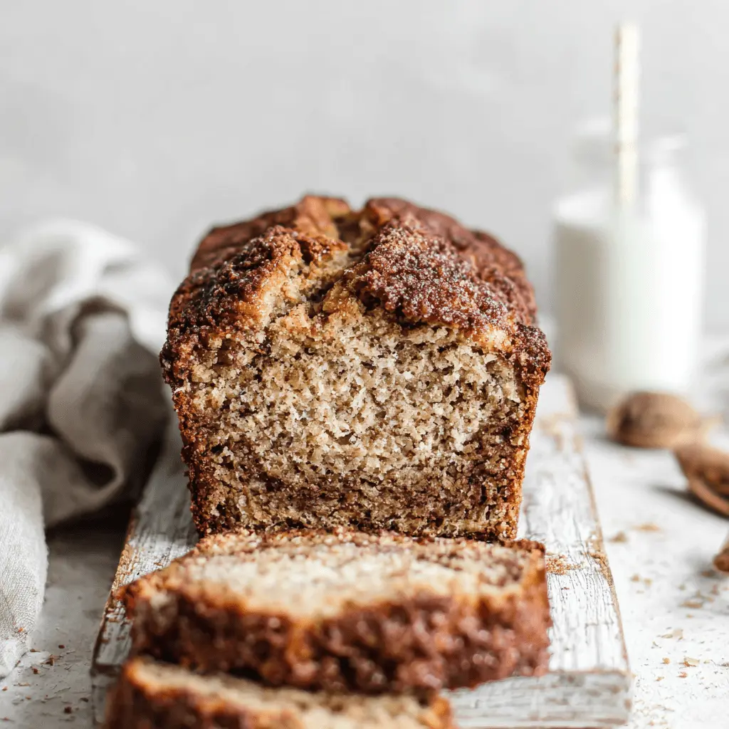 A freshly sliced loaf of moist snickerdoodle banana bread with a caramelized cinnamon-sugar crust displayed on a rustic wooden board.