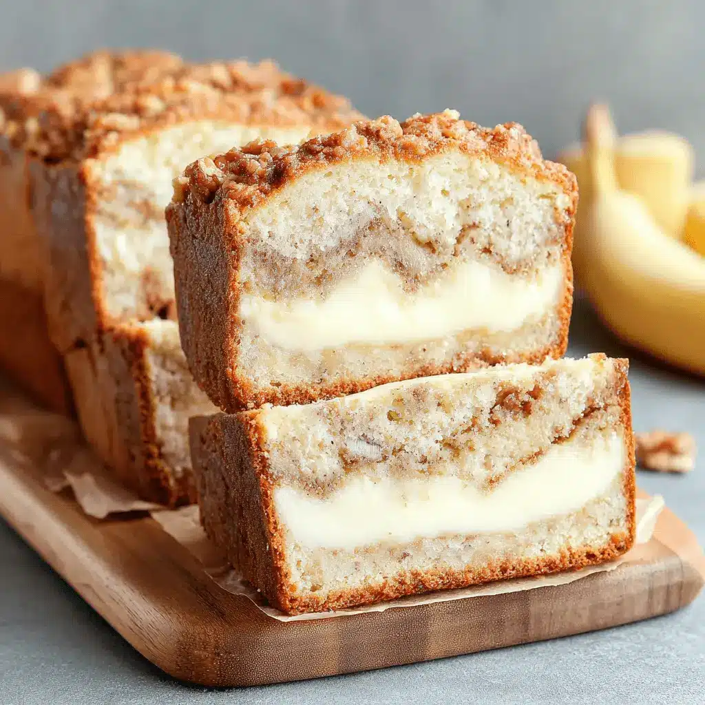 Moist cream cheese banana bread loaf, sliced to show the creamy filling and crunchy streusel topping.