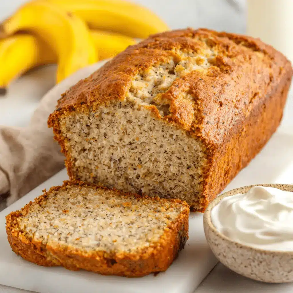 The Ultimate Greek Yogurt Banana Bread 2 Moist slice of freshly baked greek yogurt banana bread next to a bowl of creamy Greek yogurt on a marble cutting board.