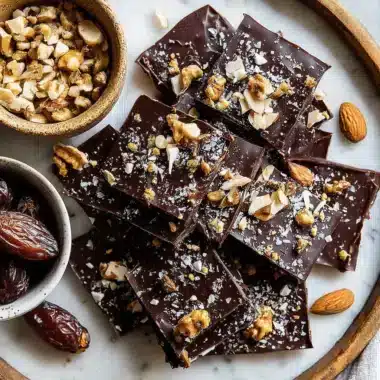 Overhead flat lay showing a stack of homemade, sea salt-dusted dark chocolate bark surrounded by whole dates, nuts, and ingredients for making **Date Bark**.