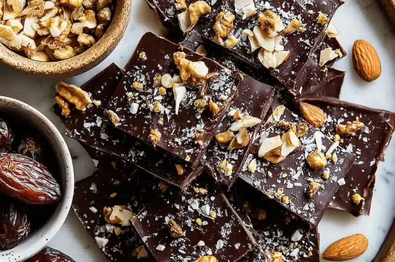 Overhead flat lay showing a stack of homemade, sea salt-dusted dark chocolate bark surrounded by whole dates, nuts, and ingredients for making **Date Bark**.