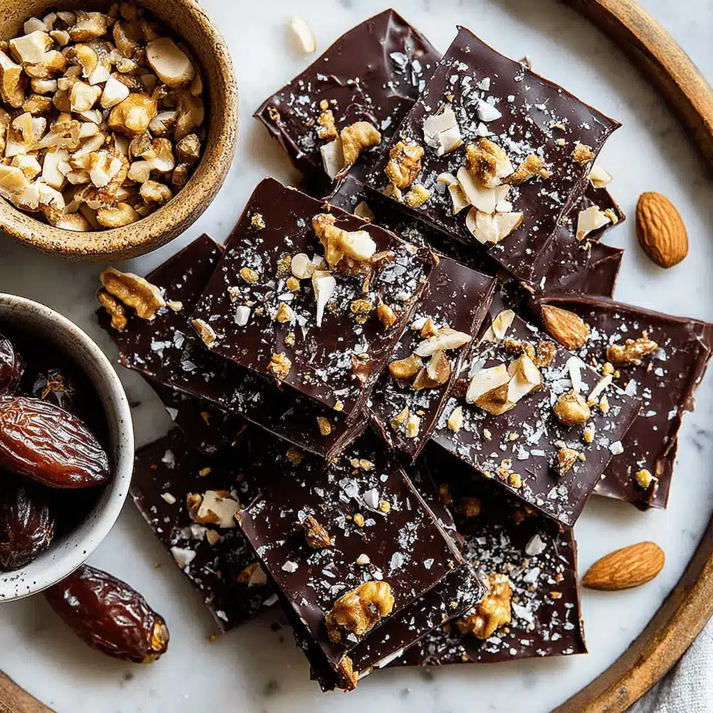 Overhead flat lay showing a stack of homemade, sea salt-dusted dark chocolate bark surrounded by whole dates, nuts, and ingredients for making **Date Bark**.