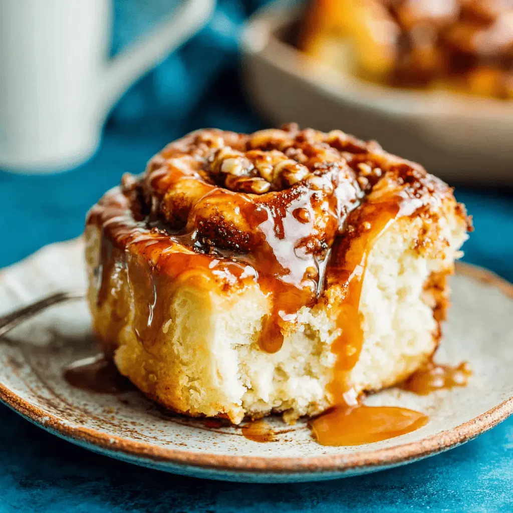 Amazing Old-Fashioned Caramel Rolls Recipe 2 Close-up of a warm, gooey Old-Fashioned Caramel Roll, richly coated in glistening caramel sauce and topped with chopped nuts.
