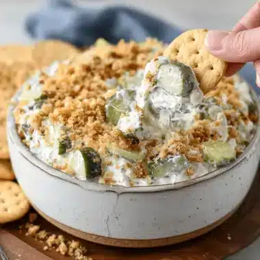 Hand scooping creamy homemade Fried Pickle Dip garnished with golden crunchy crumbs and dill from a rustic bowl.