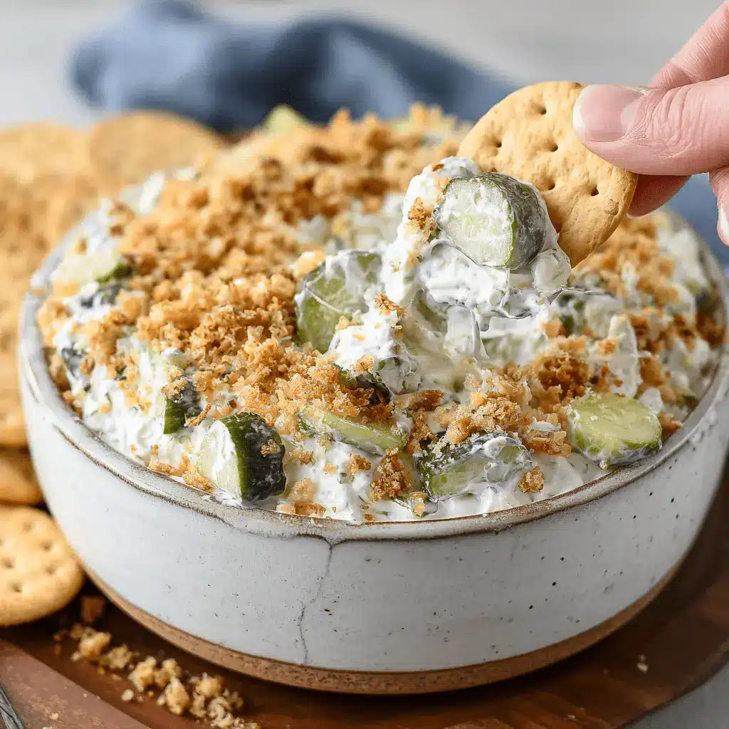 Hand scooping creamy homemade Fried Pickle Dip garnished with golden crunchy crumbs and dill from a rustic bowl.