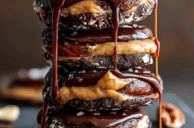 Close-up of four stacked, fudgy Date Snickers treats drizzled with dark chocolate and salted caramel sauce on a dark slate surface.