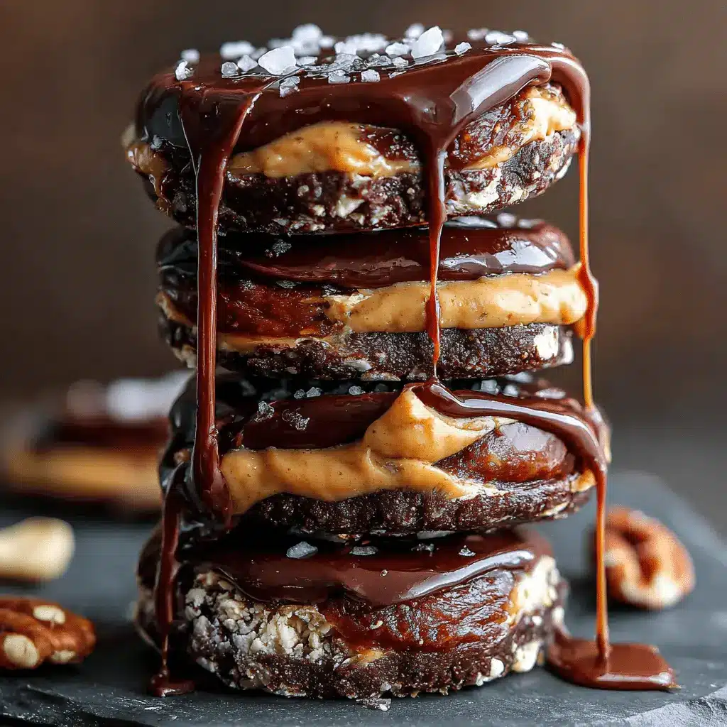 Close-up of four stacked, fudgy Date Snickers treats drizzled with dark chocolate and salted caramel sauce on a dark slate surface.