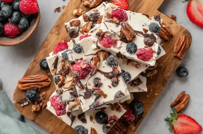 Stacked pieces of homemade Frozen Yogurt Bark featuring colorful berries, nuts, and dark chocolate on a warm wooden cutting board.