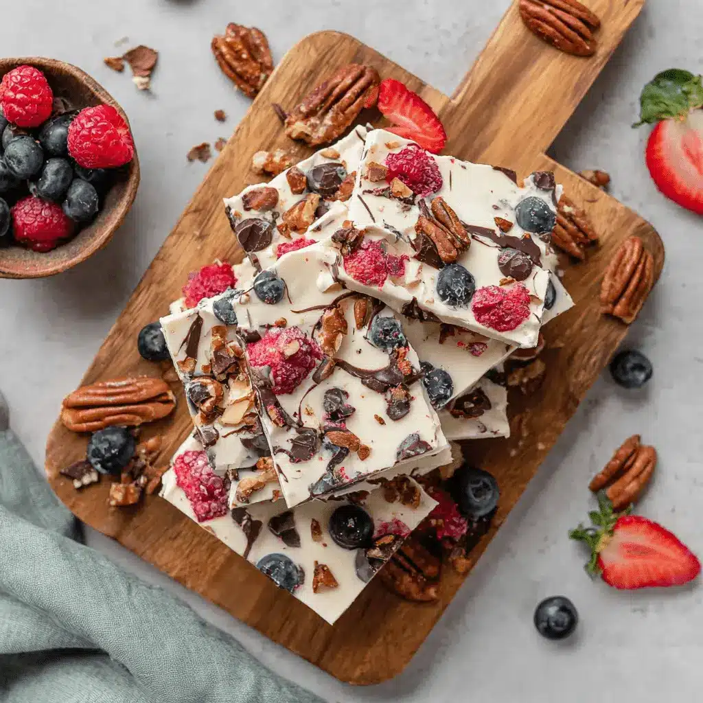 Stacked pieces of homemade Frozen Yogurt Bark featuring colorful berries, nuts, and dark chocolate on a warm wooden cutting board.