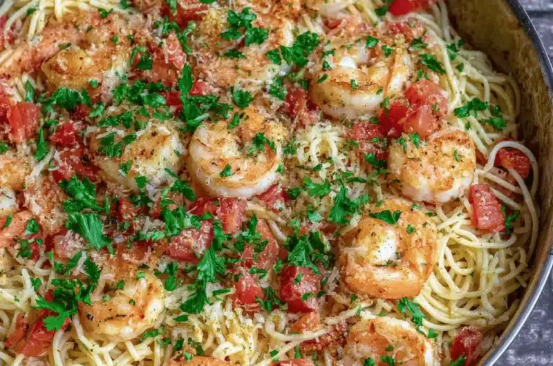 Plump shrimp and thin spaghetti with tomatoes and parsley in a skillet, showcasing easy shrimp pasta recipes.