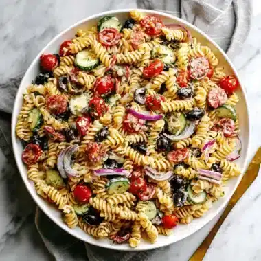 Hearty creamy italian pasta salad in a white bowl, featuring rotini, salami, cherry tomatoes, and black olives.