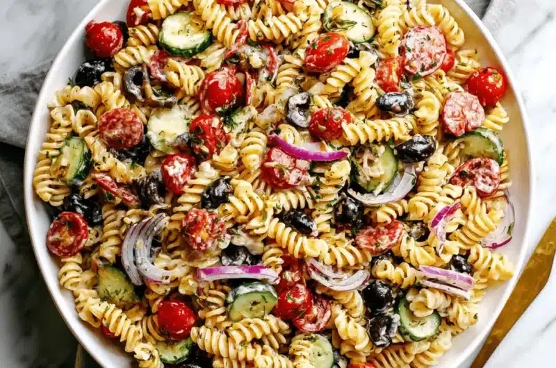 Hearty creamy italian pasta salad in a white bowl, featuring rotini, salami, cherry tomatoes, and black olives.