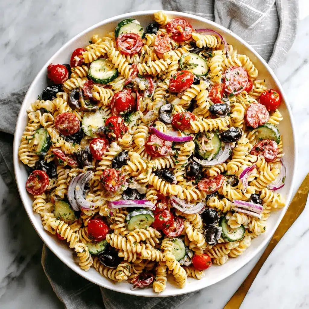 The Ultimate Foolproof Italian Pasta Salad 2 Hearty creamy italian pasta salad in a white bowl, featuring rotini, salami, cherry tomatoes, and black olives.