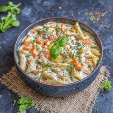 The Ultimate Foolproof White Sauce Pasta Recipe 4 Highly appetizing professional food photo of creamy penne white sauce pasta garnished with fresh basil and vibrant vegetables in a dark blue bowl.