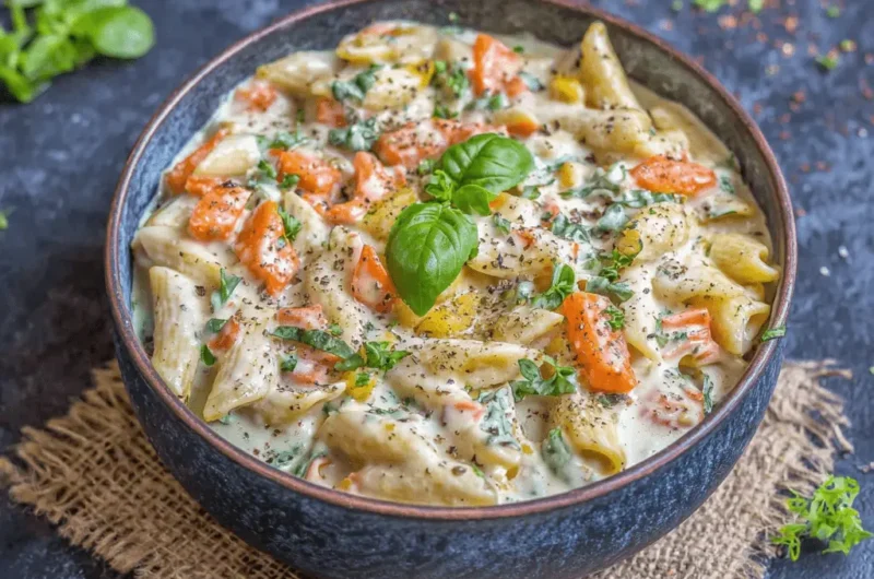 Highly appetizing professional food photo of creamy penne white sauce pasta garnished with fresh basil and vibrant vegetables in a dark blue bowl.
