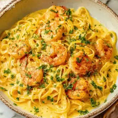 Creamy fettuccine shrimp pasta close-up with plump seasoned shrimp and fresh parsley in a rustic bowl.