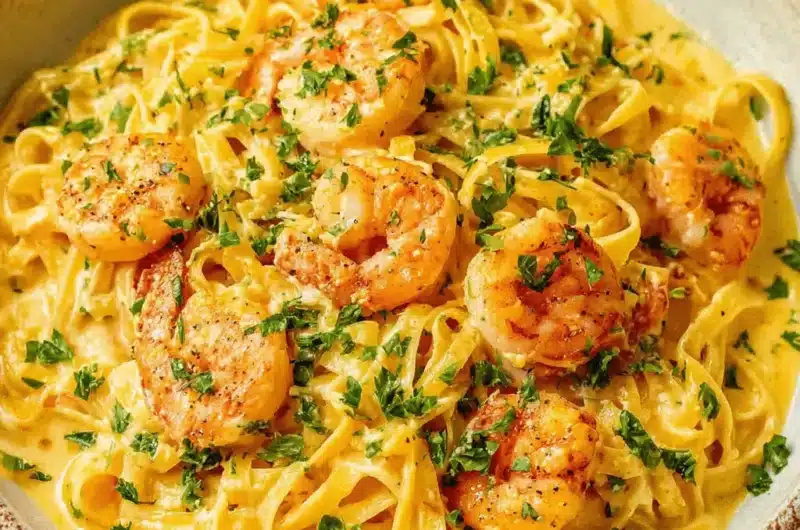 Creamy fettuccine shrimp pasta close-up with plump seasoned shrimp and fresh parsley in a rustic bowl.