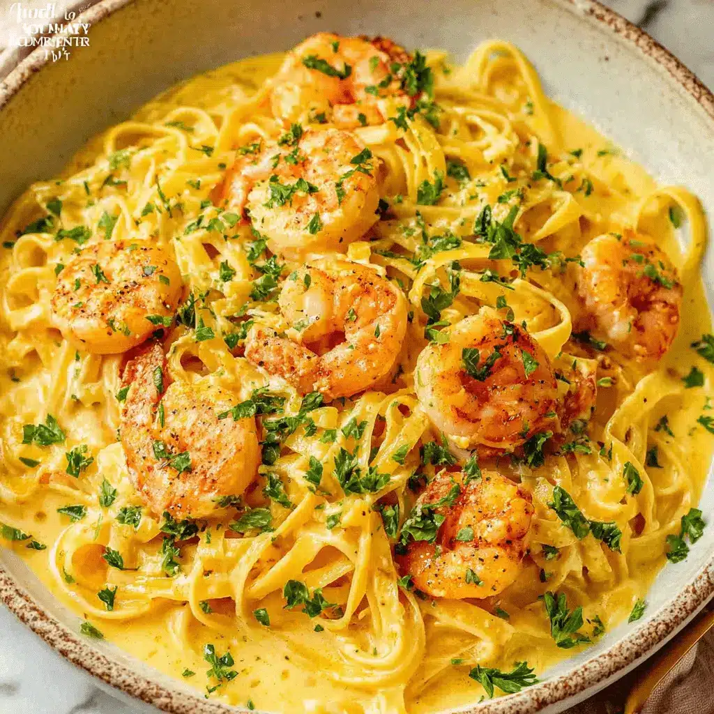 Creamy fettuccine shrimp pasta close-up with plump seasoned shrimp and fresh parsley in a rustic bowl.
