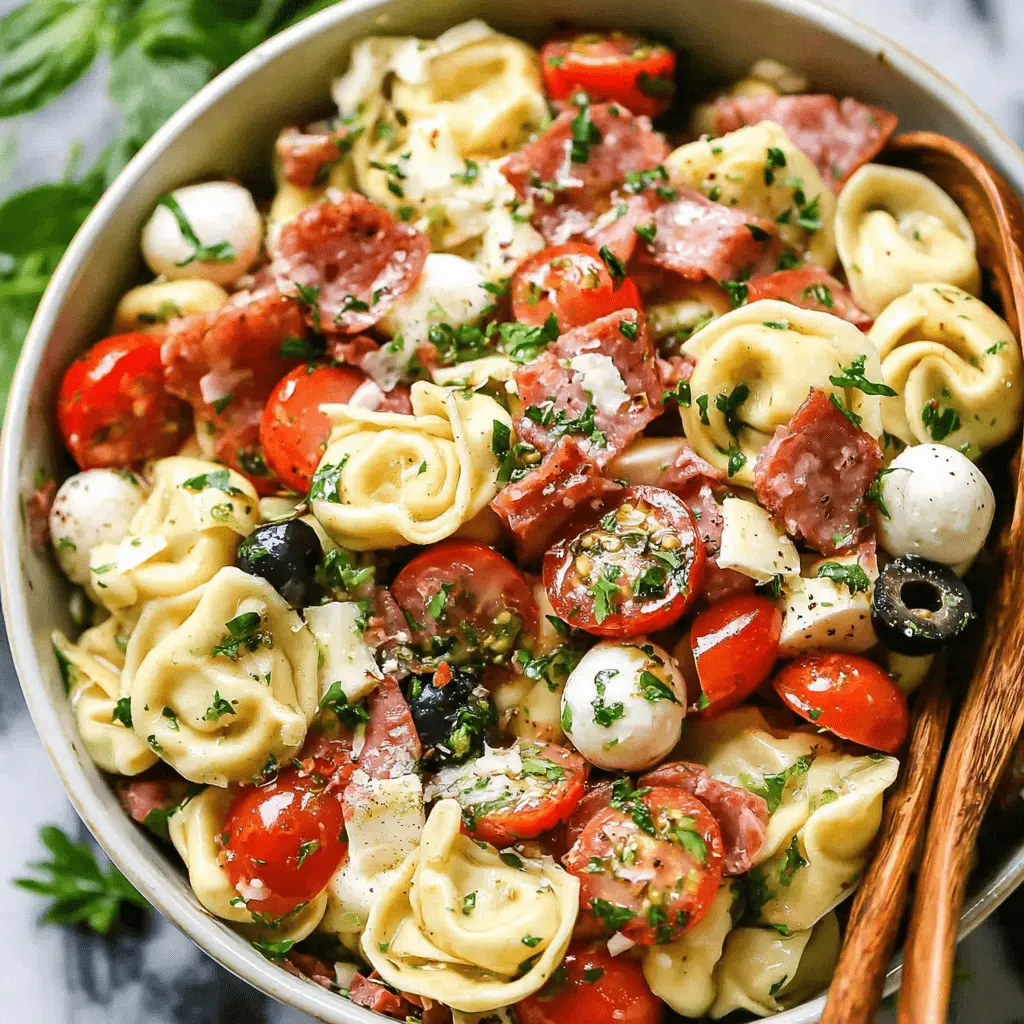 Hearty Italian tortellini pasta salad with salami, mini mozzarella, cherry tomatoes, and fresh herbs in a ceramic serving bowl.