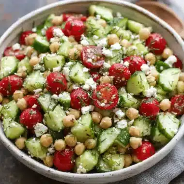 Close-up of a fresh Mediterranean cucumber salad with tomatoes, feta, chickpeas, and dill in a rustic bowl.