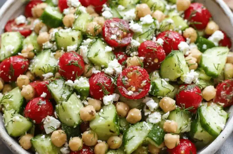 Close-up of a fresh Mediterranean cucumber salad with tomatoes, feta, chickpeas, and dill in a rustic bowl.