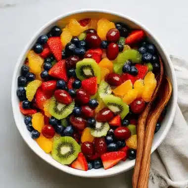 A vibrant, glossy fruit salad in a white ceramic bowl, featuring strawberries, kiwi, blueberries, and red grapes, set on a marble counter.