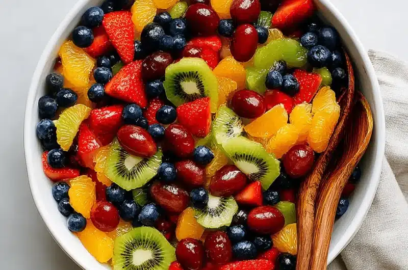 A vibrant, glossy fruit salad in a white ceramic bowl, featuring strawberries, kiwi, blueberries, and red grapes, set on a marble counter.