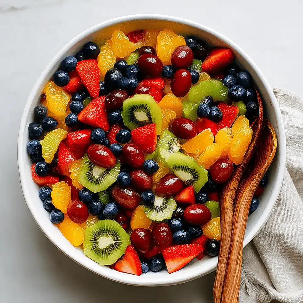 The Ultimate Creamy Fruit Salad Recipe 2 A vibrant, glossy fruit salad in a white ceramic bowl, featuring strawberries, kiwi, blueberries, and red grapes, set on a marble counter.