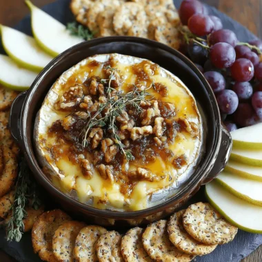 Warm Baked Brie topped with walnuts, fig jam, and thyme, served in a ceramic crock on a platter with seed crackers, sliced pears, and red grapes.