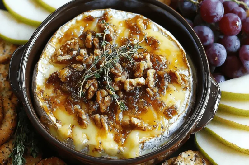 Warm Baked Brie topped with walnuts, fig jam, and thyme, served in a ceramic crock on a platter with seed crackers, sliced pears, and red grapes.
