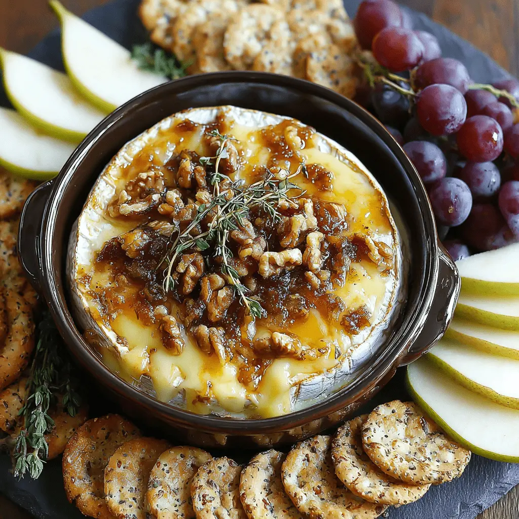 Warm Baked Brie topped with walnuts, fig jam, and thyme, served in a ceramic crock on a platter with seed crackers, sliced pears, and red grapes.