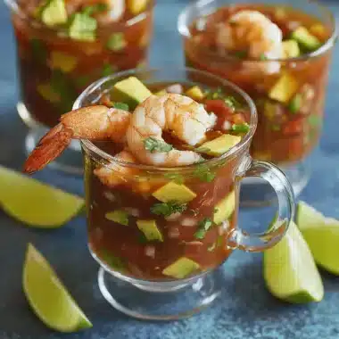 Close-up of Mexican shrimp cocktail recipe served in a stemmed glass with chunky avocado and a large cooked shrimp on the rim.