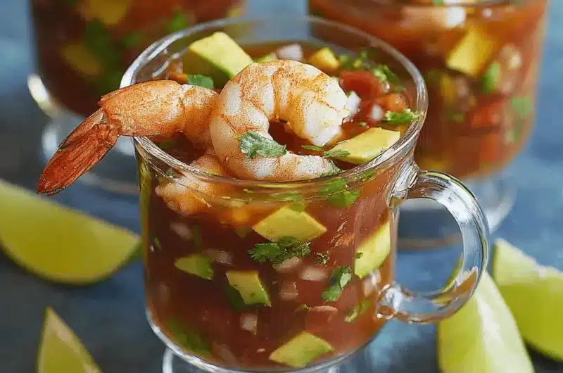 Close-up of Mexican shrimp cocktail recipe served in a stemmed glass with chunky avocado and a large cooked shrimp on the rim.