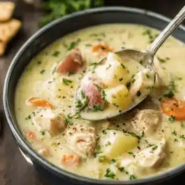 The Ultimate Creamy Chicken Stew Recipe 3 Hearty bowl of Creamy Chicken Stew garnished with fresh parsley and black pepper, featuring potatoes and carrots, with a spoon scooping a portion.
