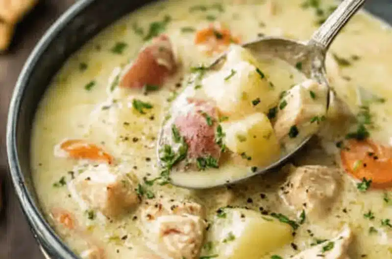 Hearty bowl of Creamy Chicken Stew garnished with fresh parsley and black pepper, featuring potatoes and carrots, with a spoon scooping a portion.