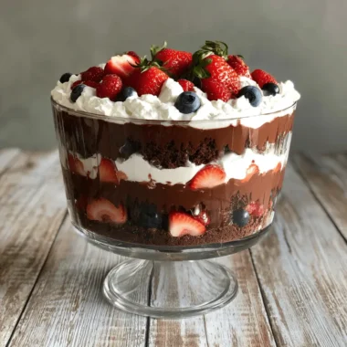 Opulent multi-layered chocolate and berry Christmas Trifle in a clear glass pedestal bowl on a rustic wooden surface.
