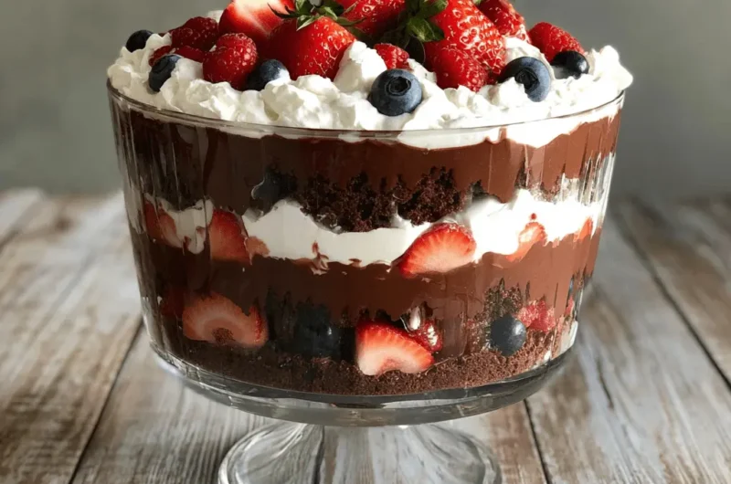 Opulent multi-layered chocolate and berry Christmas Trifle in a clear glass pedestal bowl on a rustic wooden surface.