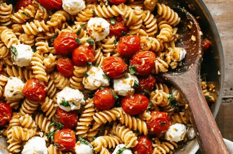 Overhead view of a vibrant caprese pasta salad featuring fusilli, melted mozzarella pearls, and roasted cherry tomatoes served in a rustic skillet.