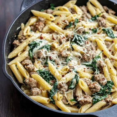 Hearty penne pasta and Italian sausage dish with creamy sauce and spinach served in a cast iron skillet, representing comforting sausage pasta recipes.
