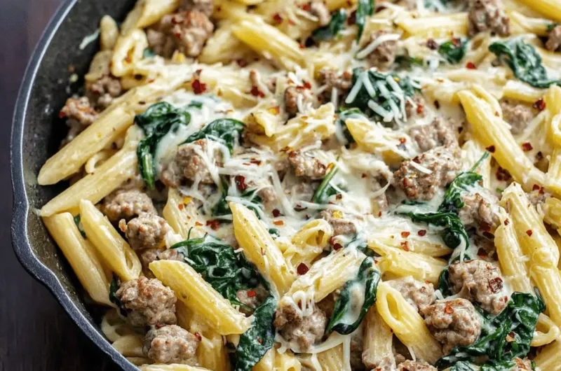 Hearty penne pasta and Italian sausage dish with creamy sauce and spinach served in a cast iron skillet, representing comforting sausage pasta recipes.