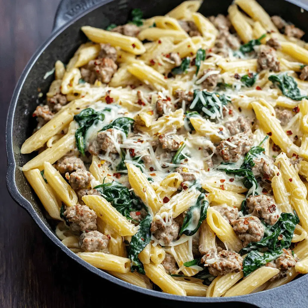Hearty penne pasta and Italian sausage dish with creamy sauce and spinach served in a cast iron skillet, representing comforting sausage pasta recipes.