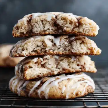Amazing Cinnamon Roll Cookies: Easy Recipe 4 Stack of four golden-brown Cinnamon Roll Cookies with white icing drizzle, three cut in half to show their soft, swirled interior, on a dark cooling rack.