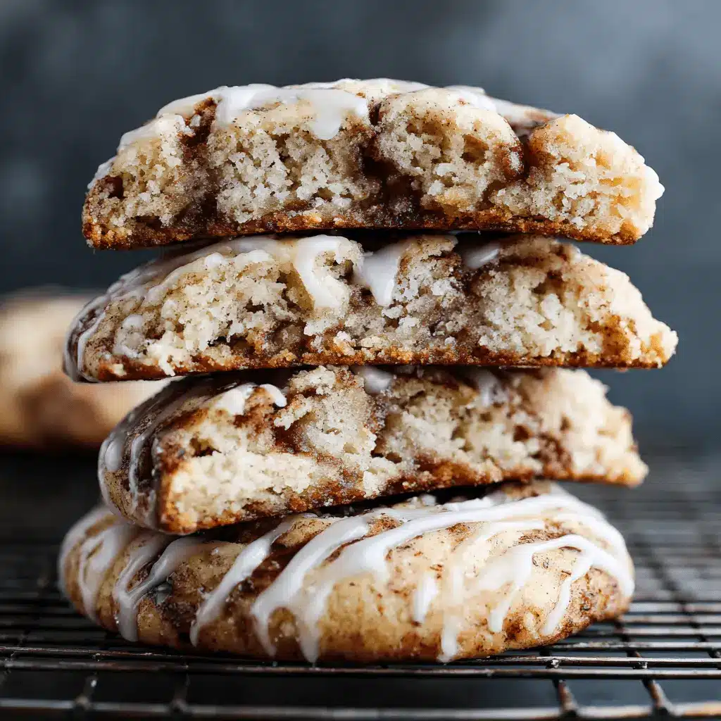 Amazing Cinnamon Roll Cookies: Easy Recipe 2 Stack of four golden-brown Cinnamon Roll Cookies with white icing drizzle, three cut in half to show their soft, swirled interior, on a dark cooling rack.