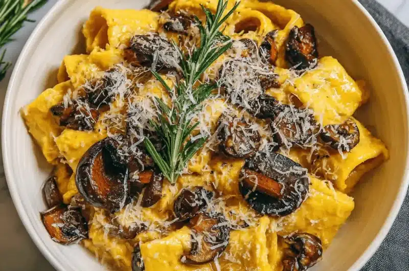 Creamy butternut squash pasta with thick tube noodles, caramelized mushrooms, grated cheese, and a fresh rosemary garnish.