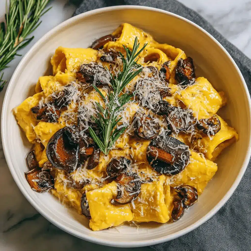 Creamy butternut squash pasta with thick tube noodles, caramelized mushrooms, grated cheese, and a fresh rosemary garnish.