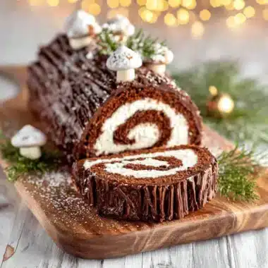 Traditional chocolate yule log cake (Bûche de Noël) cross-section showing white cream filling, textured chocolate bark, and meringue mushroom decorations.
