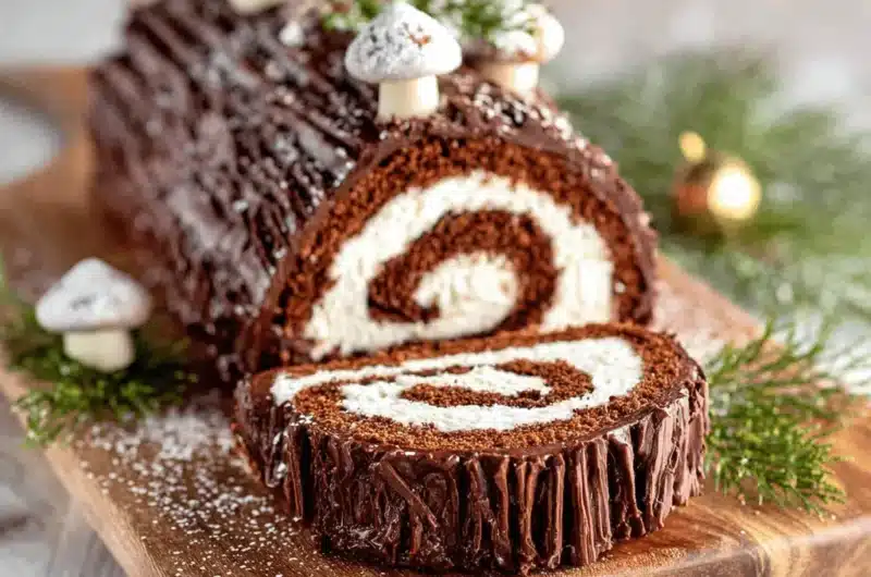 Traditional chocolate yule log cake (Bûche de Noël) cross-section showing white cream filling, textured chocolate bark, and meringue mushroom decorations.