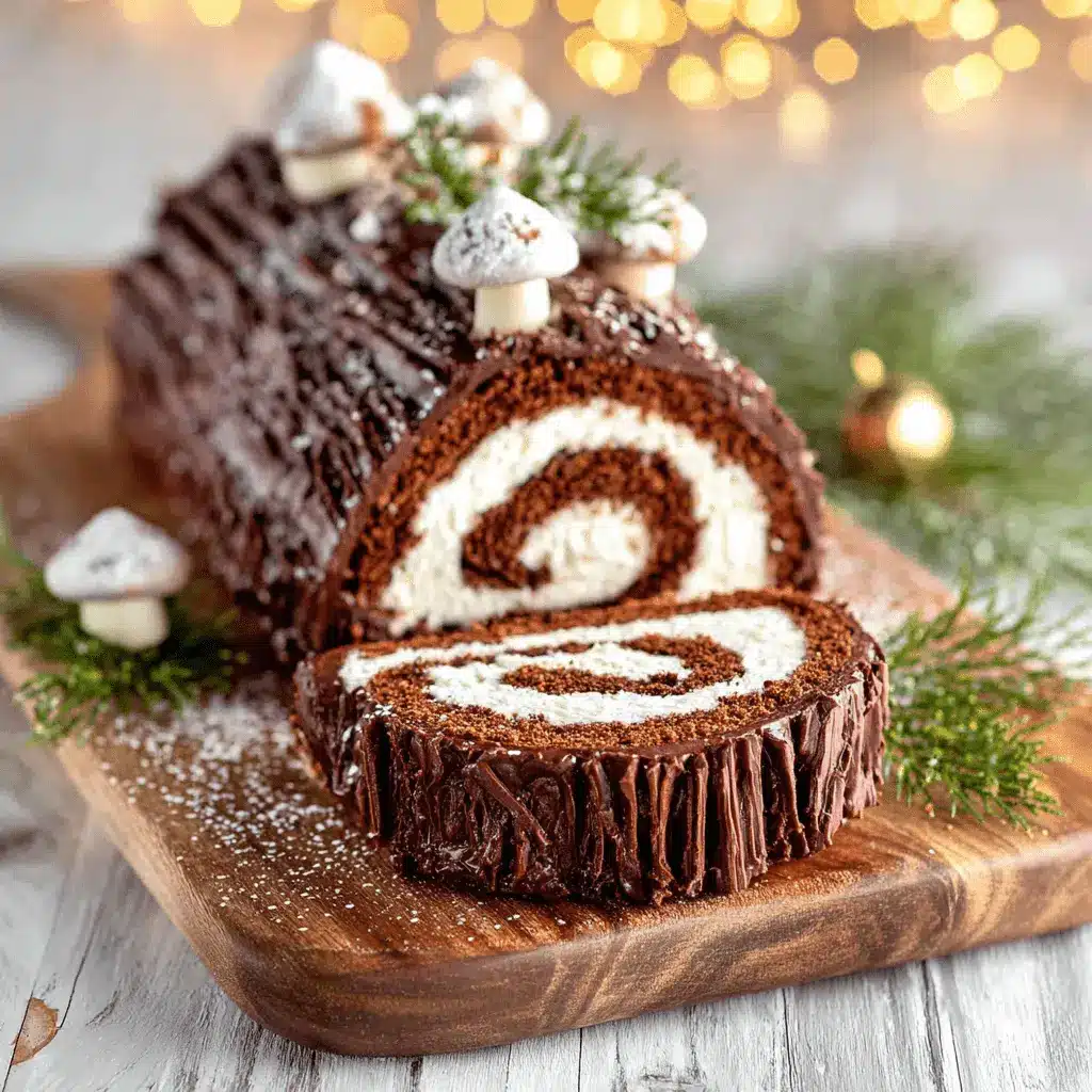 Traditional chocolate yule log cake (Bûche de Noël) cross-section showing white cream filling, textured chocolate bark, and meringue mushroom decorations.