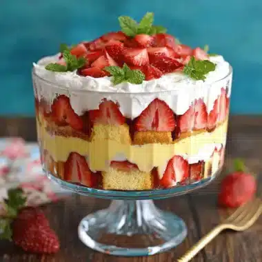 Layered strawberry trifle in a clear glass pedestal bowl, showing sponge cake, custard, and fresh strawberries, topped with whipped cream and mint.